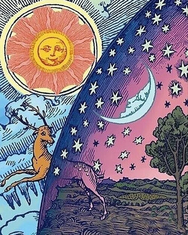 Deadhead artwork &mdash; a woodcut of a traveller reaching past the sky