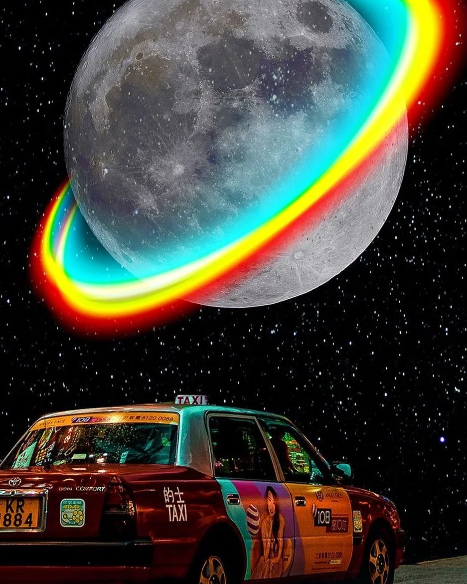 A rainbow-ringed moon above a night taxi
