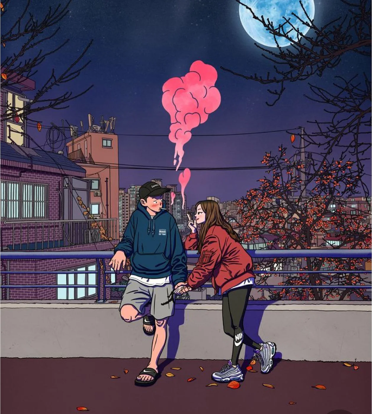 Two figures on a rooftop under a full moon, pink vapour rising