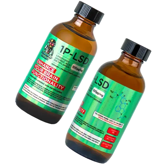 Two amber Deadhead Chemist bottles of 1P-LSD
