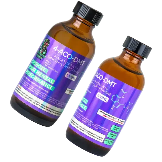 Two amber Deadhead Chemist bottles of 4-AcO-DMT